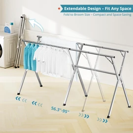 JAUREE 95 Inches Clothes Drying Rack, Drying Rack Clothing Folding Indoor Outdoor, Heavy Duty Stainless Steel Laundry Rack, Foldable Portable Large Clothes Rack Garment Rack with 20 Windproof Hooks
