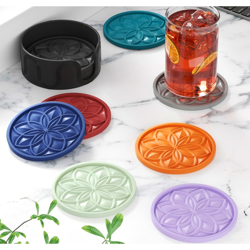 HFHOME Silicone Coasters Set for Drinks - 6 Pack With