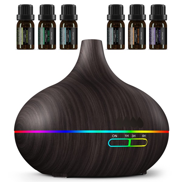 Oil Diffuser, 500ml Aromatherapy Diffuser with 6x10ml Top Essential Oils Included, 7x2 Colorful LED Night Light, 23dB Quiet BPA-Free Essential Oil Diffusers for Home, 16H Lasting, 4 Timers, Auto Off