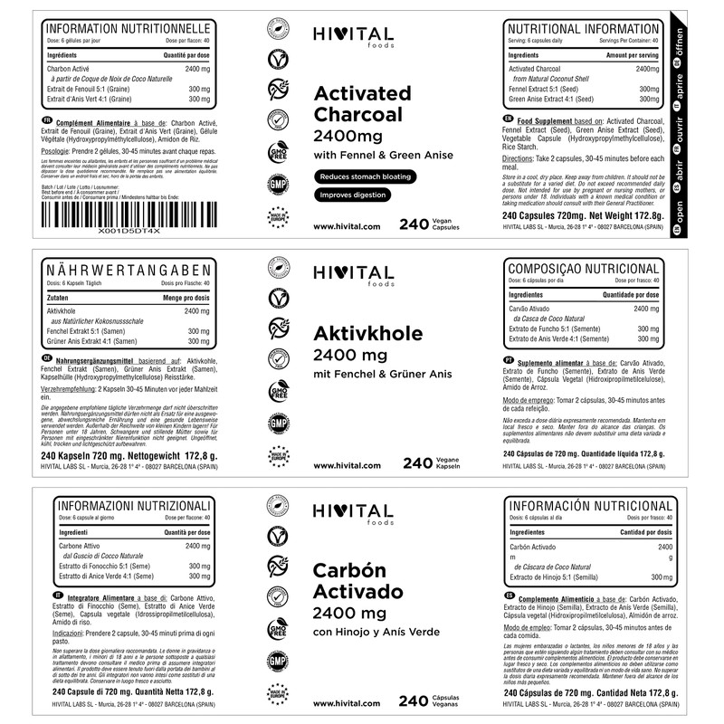 Activated Carbon 2400 mg 240 Vegan Capsules Natural Activated Carbon