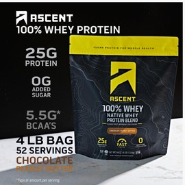 Ascent 100% Whey Protein Powder - Post Workout Whey Protein Isolate, Zero Artificial Flavors & Sweeteners, Gluten Free, 5.5g BCAA, 2.6g Leucine, Essential Amino Acids, Chocolate Peanut Butter 4 lb
