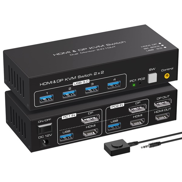 VPFET KVM Switch Dual Monitor 2 Port DisplayPort and HDMI 4K120HZ 8K60HZ KVM Switcher for 2 Computers 2 Monitors with 4 Ports USB 3.0 Support Copy and Extended Display and Desktop Control