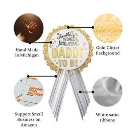 Amy's Bubbling Boutique Twinkle Little Star Baby Shower Mommy Sash & Daddy to Be Pin White & Gold Gift Set