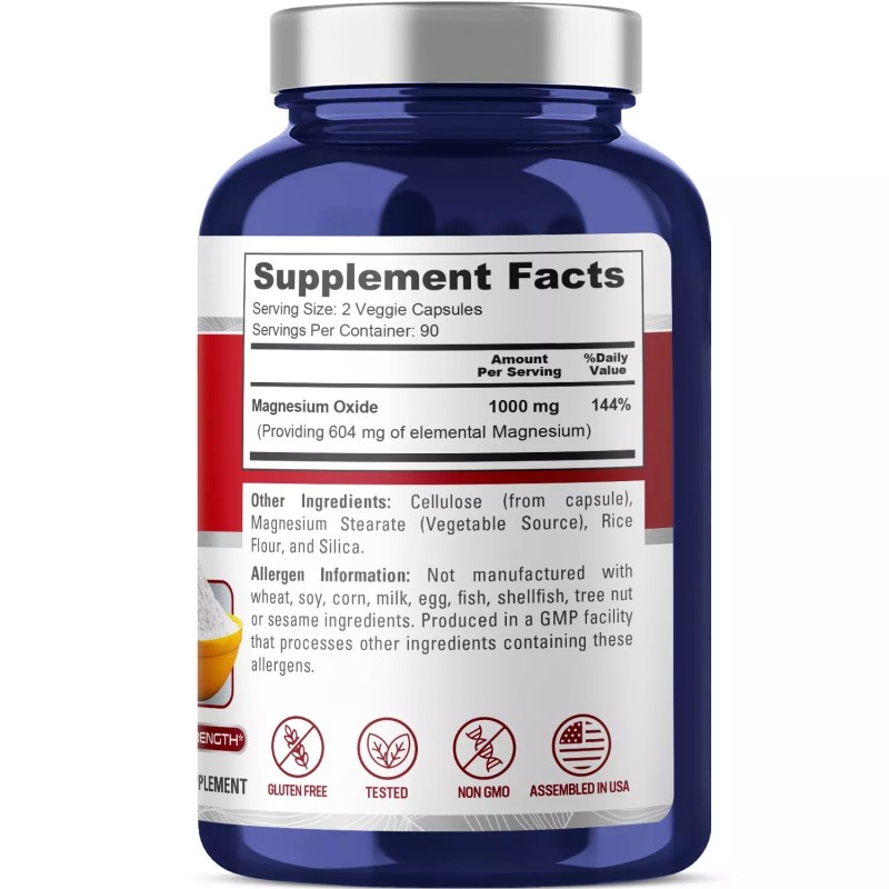 NusaPure Magnesium Oxide 1,000mg Per Serving 180 Veggie Caps (Non-GMO