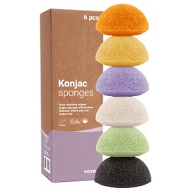 Vove | Organic Konjac Sponges | 6 Sponges | Compostable | Gentle Face Cleansing | Charcoal, Tumeric, Clay, Lavender | Gentle Face Exfoliator | All Skin Types | Reusable and Sustainable| Washing Puff
