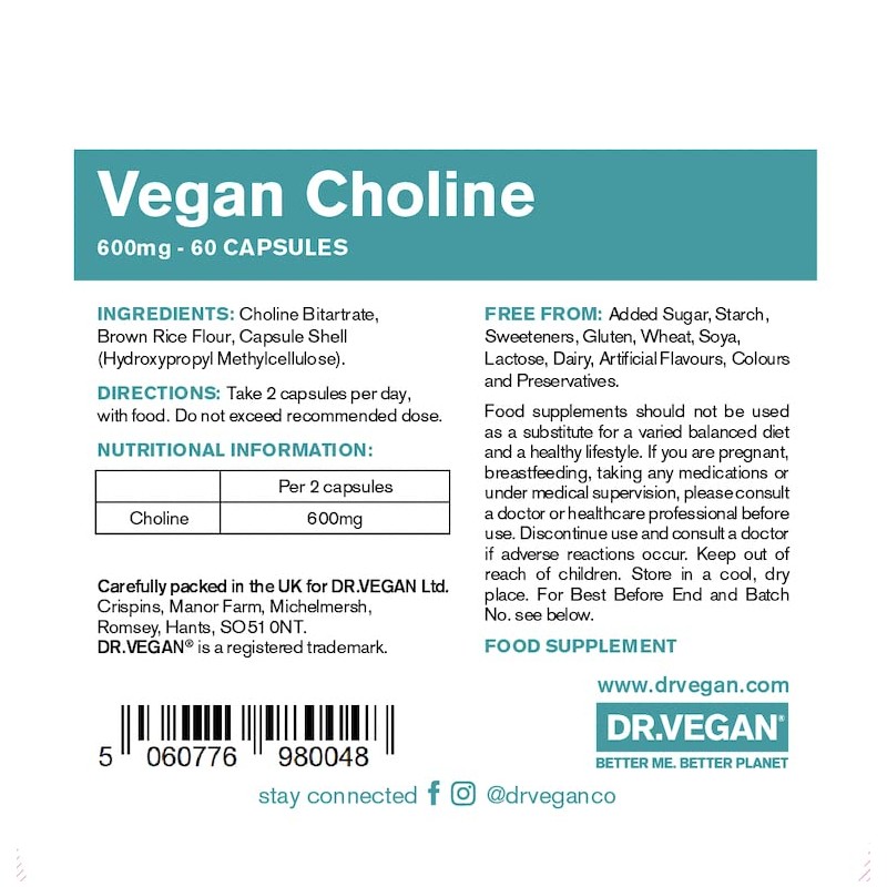 DR.VEGAN Choline, 600mg | 60 x 300mg Vegan-Friendly Capsules |