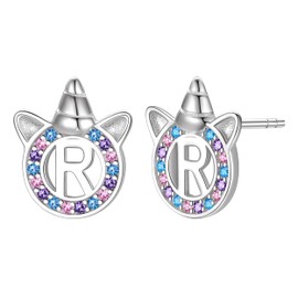 Unicorn Earrings for Women, Initial Stud Earrings with Cubic Zirconia, Just Being Cute925 Sterling Silver Earrings for Her-Letter R