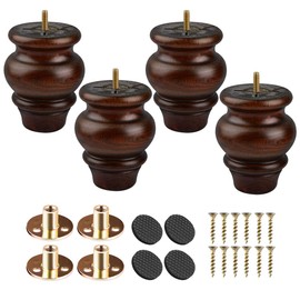4 inch Solid Wood Furniture Legs, Btowin 4Pcs Glaze Turned Wooden Bun Feet with Threaded 5/16'' Hanger Bolts & Mounting Plate & Screws for Sofa Cabinet Ottoman Loveseat Recliner