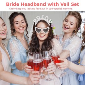 3 PCS Bride Headband Set, Includes Pearl Hairband, Bridal Veil, and Heart-Shaped Sunglasses, Bride Wedding Accessories for Bachelorette Party Decorations Bride Accessories Bridal Shower Gift