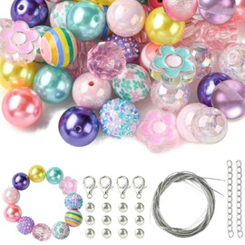 Stiesy 50Pcs Spring Theme Round Ball Beads 20mm Rainbow Bubblegum Acrylic Spacer Beads with Wire Clasps Set for Jewellry Making DIY Bracelet Crafting