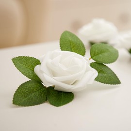 Yaqulen 60Pcs Artificial Rose Flowers, Real Looking Fake Roses for Decorations, Foam Rose Bulk with Stems for DIY Wedding Bouquets Floral Arrangements Bridal Shower Party Home Decor (60, White)