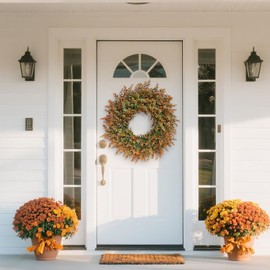 26" Fall Wreath for Front Door, Porch, Window - Large Artificial Boxwood Leaves Outdoor Wreath for Home, Farmhouse Harvest Festival Thanksgiving Day Autumn Decor