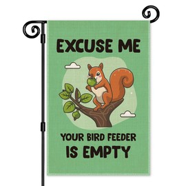 JMYROG Excuse Me, Your Bird Feeder Is Empty Garden Flag, bandera de jardín de doble cara de 12 x 18 pulgadas, bandera de decoración de césped para exteriores, divertida ardilla, divertida y linda