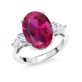 Gem Stone King 3.80 Cttw Red Created Ruby and White Moissanite 3 Stone Ring For Women | 925 Sterling Silver | 14X10MM Oval and 6X4MM Pear Shape | Available In Size 5, 6, 7, 8, 9