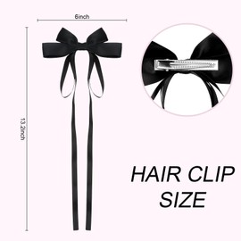 Ondder 3 Pcs Black Hair Bows for Women Satin Bow Hair Clips Long Tail Bows for Hair Big Hair Bows Hair Clip Barrettes Ribbon Bows for Hair Satin Bow Aesthetic Hair Accessories for Women Girls