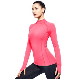 Women's Long Sleeve Running Shirts with Thumb Hole Mock Neck Athletic Tops(Neon Pink,S)