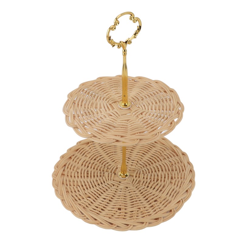 2 Tier Rattan Serving Standing Trays Round Woven Bread Fruit