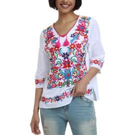 YZXDORWJ Women's Mexican 3/4 Sleeve Blouse Floral Embroidered Traditional V Neck Top Multicolor Boho Tunic (M, 171W)