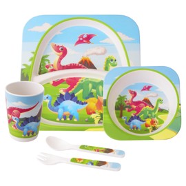 Qshare Bamboo Toddler Dinnerware Set,5Pcs Baby Plates and Bowls,Bamboo Kids Plates and Bowls Set,Kids Dishes Dinnerware Sets with Plate,Bowl,Cup,Fork and Spoon (Tyrannosaurus)