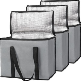 Bodaon 3-Pack Insulated Reusable Grocery Shopping Bags, X-Large Food Delivery Bag, Pizza/Picnic Cooler Bag with Zipper/Zippered Top Cold, Dark Grey