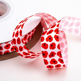 Italian Options Remembrance Day Poppy Ribbon, 16mm Wide x 10 Metre Roll, White/Red Poppies