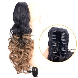 DIGUAN Claw Clip In Wavy Loose curly Synthetic Wrap Around Ponytail Extensions 24 Inches Pony Tail Clip In Extensions for Women Girl 7.4oz/210g (1B to Caramel Brown)