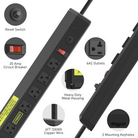 JUNNUJ Heavy Duty 20 Amp Power Strip 4800J, High Amp Surge Protector 6 Outlet, 20A Power Strips Workshop Industrial Outlets Wide Spaced 6-20R T-Slot with Circuit Breaker, 12 Gauge Extension Cord 6ft
