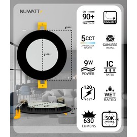 NUWATT 6 Pack, 4 Inch Ultra-Thin LED Recessed Lighting Black, 5CCT 2700K/3000K/3500K/4000K/5000K Selectable, 630LM, 9W, IC Rated, Dimmable Canless Wafer Light, Damp Rated Pot Lights with Metal J-Box