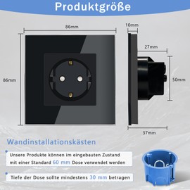 TAWOIA Schuko Steckdose unterputz, EU-Standard 1 Fach Steckdose Glas, Einzel Wandsteckdose mit Kristall Glas Platte Schwarz 86 * 86mm