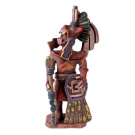 NOVICA Large Multicolor Archaeological Ceramic Sculpture, 14" Tall, 'Fierce Aztec Jaguar Warrior'