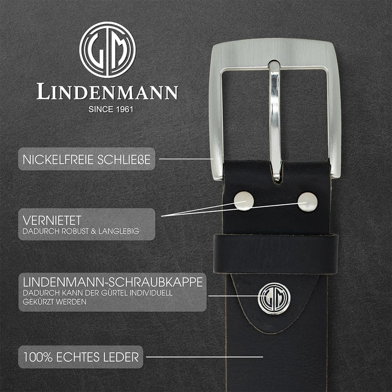 LINDENMANN Men's Buffalo Leather Belt 40 mm Black, black