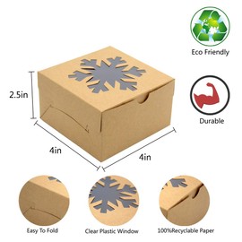 WEEPA 25pcs Bakery Boxes with Window 4x4x2.5" Snowflake Square Kraft Boxes Bulk Brown Paper Bakery Pie Boxes with Lids Wedding Valentine's Day Gift Packaging Boxes for Mini Cakes Pastries Candy Treat