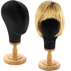 RattanView 2 Pcs Wig Stand with Head 23 Inch Linen Mannequin Head with Wooden Stand Canvas Mannequin for Hats Wigs Caps Headdress Home Store Hair Salon(Black)