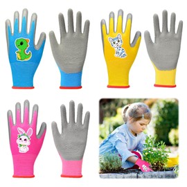 Kids Gardening Gloves 3 Pairs, Ages 8-11, Safety Work Gloves with Cartoon Designs, Soft PVC Dots, Breathable and Non-Slip, Ideal for Yard Work, Fishing, and Camping - Colorful and Comfortable