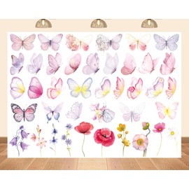 PEKRU 7x5ft Fabric Butterfly Watercolor Backdrop Pink Yellow Meadow Flower Decoration Pretty Butterfly Clipart for Baby Shower Birthday Party Spring Summer Background Home Decoration