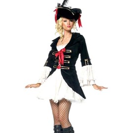 Forever Young Lady Captain Pirate Fancy Dress Costume + Hat,Black & White,UK Size 16 (XXL)