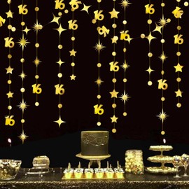 Gold 16th Birthday Decorations Number 16 Circle Dot Twinkle Star Garland Metallic Streamer Banner Backdrop for Girls Boys Happy 16th Birthday Sweet Sixteen Anniversary Cheers to 16 Years Party Decor