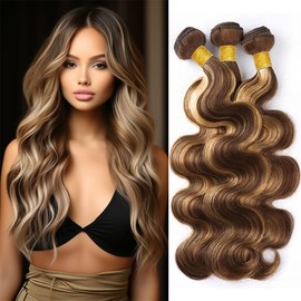 Ombre Brown and Blonde Body Wave Bundles Human Hair P4/613 Brown and Honey Blonde Body Weave Bundles Double Weft Tow Tone Brazilian Human Hair Soft and Silky for Black Women (18 20 22 Inch)