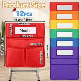 gisgfim 12 Pcs Chair Pockets for Classroom 19 x 17 inch Seat Sacks for Classroom Chairback Pocket Chart 3 Pockets Chairs Seat Back Organizer with Name Tag for School Home Classroom Supplies(Colorful)