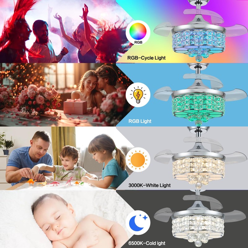 Zynfandor 30" RGB Crystal Retractable Ceiling Fan with Light Dimmable