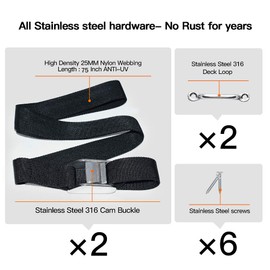 Cooler Tie Down Kit with SS 316 Cam Buckle Lashing Straps for Yeti RTIC and Other Universal Coolers, Cooler Tie Downs Straps Secure Keep Cooler in Boat, Deck, Truck, Trailer Prevent from Slipping