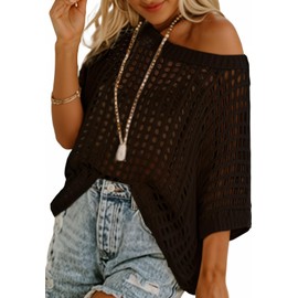 BUNSLOOM Beach Dress Women's Short Sleeve Pullover Fashion Hollow Round Neck Knitted Tops Cover Ups, black, L