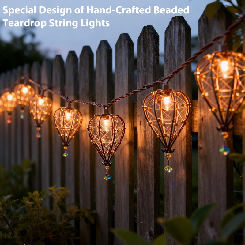 Outdoor Decorative String Lights, Beaded Copper Wire Teardrop Lantern String