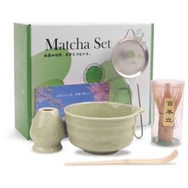 Myrthra 5PCS Matcha Whisk Set, Matcha Bowl with Spout, Bamboo Whisk, Bamboo Scoop, Ceramic Holder and Stainless Sifter for Tea Matcha Lover (Jade)