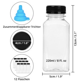 Winter Shore 270 ml Reusable Plastic Bottles for Filling [Pack of 12] - Clear Empty Juice Bottles for Filling with Leak-proof Lids & Funnel - for Mini Fridge, Water & Smoothies