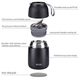MAXSO Soup Thermo for Hot & Cold Food for Adults Kids, 17 oz Vacuum Insulated Steel Lunch Container Bento Box with Spoon, Leakproof Thermal Food Jar for School Office Travel - Black