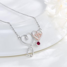 PARYFO S925 Sterling Silver Nurse Necklace Rose Gold Heartbeat Pendant with Clear Austria Crystal Women Stethoscope Medical Hearts Necklace Jewelry Gifts for Medical Student Doctor（Light-Garnet）