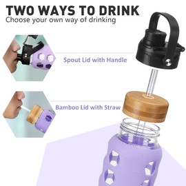 MUKOKO Glass Water Bottles, 24oz Glass Tumbler with Straw, Drinking Bottles with 2 Lids-Handle Spout Lid&Bamboo Straw Lid, Motivational Water Bottle with Time Marker and Silicone Sleeve, 1 Pack-Purple