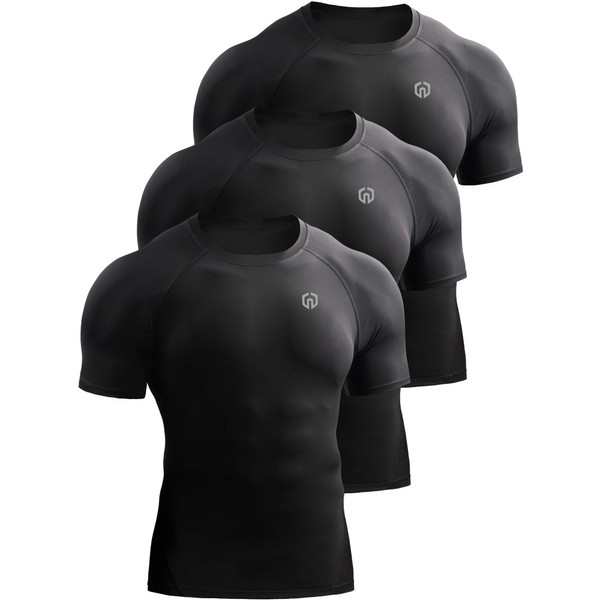 NELEUS Men's 3 Pack Compression Baselayer Athletic Workout T Shirts,5022,Black,Black,Black,US L,EU XL