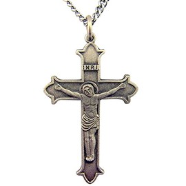 Religious Gifts Pewter INRI Cross Crucifix Pendant with Bright Cut Accents, 13/16 Inch